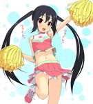  absurdres alternate_costume arm_up armpits black_hair blush breasts cameltoe cheerleader crop_top crop_top_overhang full-face_blush highres k-on! k10k long_hair looking_at_viewer midriff nakano_azusa navel panties pantyshot pleated_skirt pom_poms red_eyes shiny shiny_skin shoes skirt skirt_lift small_breasts smile sneakers socks solo thigh_gap translated twintails underwear white_panties wind wind_lift 