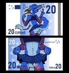 4_fingers absurd_res anthro avian backsack balls bird black_border blue_background blue_body border bottomwear cheek_tuft claws clothed clothing clothing_lift colored condom crossdressing crossdressing_male digital_drawing_(artwork) digital_media_(artwork) ear_tuft ears_back erection erection_under_skirt eu_flag european_union facial_tuft femboy fingers flag front_view genitals head_tuft hi_res holding_condom holding_object legwear long_tail looking_at_viewer looking_back macaw male multiple_images navel navel_piercing neotropical_parrot nikraccoom no_underwear number open_mouth owo parrot partially_clothed_anthro partially_clothed_male pattern_clothing pattern_legwear pattern_stockings piercing pivoted_ears sexual_barrier_device signature simple_background skirt skirt_lift solo solo_focus star stockings striped_clothing striped_legwear striped_sleeves striped_stockings stripes tail tail_tuft text textured_background tongue tongue_out true_parrot tuft