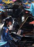 angel_wings apple bitten_apple black_hair blue_eyes blurry copyright_name depth_of_field dlkdhy food fruit grand_piano haibane_renmei halo highres instrument long_hair looking_at_viewer origami paper_crane piano sitting solo television wings 