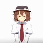  animated animated_gif blinking blush bouncing brown_eyes brown_hair dress_shirt hat necktie riding_machine sexually_suggestive shirt short_hair solo tori_(minamopa) touhou usami_renko 