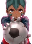  ball face gloves goalkeeper green_hair inazuma_eleven inazuma_eleven_(series) lips little_gigant looking_at_viewer male_focus rococo_urupa sgk soccer_ball soccer_uniform solo sportswear telstar white_background 