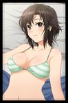  blush bra breasts brown_eyes brown_hair lying masaki_nonoka medium_breasts navel on_back photokano shian_(my_lonly_life.) short_hair smile solo underwear 