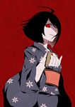  araragi_tsukihi awl bakemonogatari black_hair japanese_clothes kimono kouji_(campus_life) monogatari_(series) nisemonogatari red_eyes short_hair solo yandere 