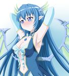  1girl armpits blue_eyes blue_hair breasts dragon_girl dragon_tail dragon_wings dress gem gloves green_wings large_breasts leviathan_(zettai_bouei_leviathan) midriff monster_girl pointy_ears solo sweat tail wings zettai_bouei_leviathan 