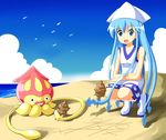  beach blue_eyes blue_hair crossover day dragon_quest ikamusume khalamari_kid long_hair open_mouth ruu_(tksymkw) shinryaku!_ikamusume tic-tac-toe trait_connection very_long_hair 