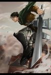  ascot bad_id bad_pixiv_id belt black_eyes black_hair boots cape dual_wielding highres holding jacket levi_(shingeki_no_kyojin) male_focus obita paradis_military_uniform shingeki_no_kyojin smoke solo sword thigh_strap three-dimensional_maneuver_gear weapon 