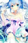  blue_eyes blue_hair detached_sleeves dress hatsune_miku highres long_hair remimim solo strapless strapless_dress thighhighs twintails very_long_hair vocaloid 