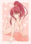  all_fours arm_support barefoot breasts feet hanging_breasts large_breasts long_hair nipples nude oda_nobunaga_(sengoku_otome) ponytail red_hair sengoku_otome slit_pupils solo star wa_(genryusui) yellow_eyes 