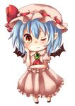  ascot bat_wings blue_hair brooch chibi hand_on_own_face hat hat_ribbon jewelry kudukimii looking_at_viewer mob_cap one_eye_closed pointy_ears red_eyes remilia_scarlet ribbon short_hair simple_background skirt skirt_set smile solo touhou white_background wings 