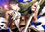  ascot bad_id bad_pixiv_id black_eyes black_hair cable cape emblem jacket levi_(shingeki_no_kyojin) male_focus mtktc paradis_military_uniform reverse_grip shingeki_no_kyojin solo survey_corps_(emblem) sword weapon 