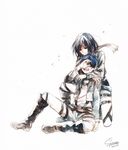  1girl bad_id bad_pixiv_id belt black_hair blue_hair boots eren_yeager hug hug_from_behind jacket kuwahara_souta mikasa_ackerman scarf shingeki_no_kyojin short_hair tears thigh_strap three-dimensional_maneuver_gear 