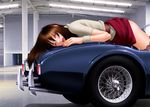  blush brown_hair car closed_eyes convertible ground_vehicle long_hair lying motor_vehicle on_stomach on_vehicle open_mouth original shelby_cobra skirt solo thighhighs yui_toshiki 