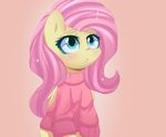  blush camelliachu clothed clothing cyan_eyes equine female feral fluttershy_(mlp) friendship_is_magic fur hair half-dressed horse long_hair looking_up mammal my_little_pony open_mouth pegasus pink_hair pony simple_background solo sweater wings yellow_fur 