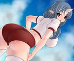  ass back blue_hair borrowed_character breasts buruma fang horns huge_breasts nurugamer-kouyouju original solo thighhighs 