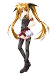  ankle_boots arm_strap bangs belt beltbra black_gloves black_legwear blonde_hair boots buckle clenched_hand expressionless fate_testarossa flat_chest from_side full_body gloves hair_ribbon halterneck katase_kai leotard long_hair loose_belt lyrical_nanoha magical_girl mahou_shoujo_lyrical_nanoha miniskirt parted_bangs pleated_skirt purple_eyes ribbon showgirl_skirt sidelocks simple_background skirt solo standing thighhighs turtleneck twintails very_long_hair white_background 