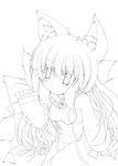  absurdres animal_ears chen fox_ears fox_tail greyscale highres impossible_clothes light_smile lineart long_hair monochrome multiple_tails no_hat no_headwear sakurano_asahi sitting solo tabard tail touhou yakumo_ran 
