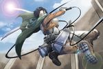  ascot black_eyes black_hair boots cable cape emblem jacket levi_(shingeki_no_kyojin) male_focus paradis_military_uniform shingeki_no_kyojin solo sun survey_corps_(emblem) sword three-dimensional_maneuver_gear umenobonsai wall weapon 