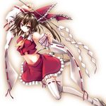  bare_shoulders brown_eyes brown_hair detached_sleeves gohei hair_tubes hakurei_reimu katase_kai long_hair midriff navel ofuda ponytail skirt solo thighhighs touhou wide_sleeves 