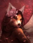  asian big_lips black_nose brown_hair bust detailed female flower flower_in_hair fur hair long_hair looking_at_viewer looking_back lotus makeup mammal orange_fur portrait red_panda rhyu solo umbrella 