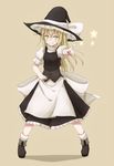  ankle_boots apron bad_id bad_pixiv_id blonde_hair blush boots brown_background full_body grin hachikuji hand_on_hip hat hat_ribbon highres kirisame_marisa long_hair looking_away outstretched_arm pointing puffy_short_sleeves puffy_sleeves ribbon shadow short_sleeves simple_background skirt skirt_set smile solo star touhou waist_apron witch_hat yellow_eyes 