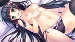  16:9 1girl artist_request bed black_hair black_panties blush breasts female frills game_cg green_eyes guardian_place_~do_s_na_imouto_to_3-nin_no_yome~ long_hair looking_at_viewer lying navel nipples on_back open_mouth panties pillow side-tie_panties solo sweat thighhighs topless underwear 