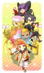  2boys 2girls adeku_(pokemon) artist_request black_hair blonde_hair blue_eyes cattleya_(pokemon) elite_four formal giima_(pokemon) glasses green_eyes hat larvesta multicolored_hair multiple_boys multiple_girls orange_eyes pokemon pokemon_(game) pokemon_bw pokemon_champion purple_eyes purple_hair red_hair renbu_(pokemon) shikimi_(pokemon) suit two-tone_hair yellow_eyes 