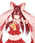  ascot bad_id bad_pixiv_id bow hair_between_eyes hair_bow hair_tubes hakurei_reimu hands long_hair midriff navel ponytail pose skirt skirt_set solo soratoa touhou white_background wide_sleeves 