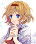  alice_margatroid blonde_hair blue_eyes cover cover_page english hairband hands_together meiji_(charisma_serve) parted_lips solo touhou wind 
