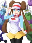  blue_eyes brown_hair cerasus double_bun gen_5_pokemon highres long_hair looking_at_viewer mei_(pokemon) open_mouth pantyhose poke_ball pokemon pokemon_(creature) pokemon_(game) pokemon_bw2 raglan_sleeves skirt thundurus tornadus twintails visor_cap white_background 