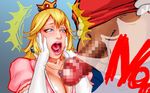  1girl blonde_hair blue_eyes censored crown earrings erection hetero imminent_rape jewelry mario mario_(series) mosaic_censoring necklace penis penis_awe princess_peach scared shouting super_mario_bros. take_(draghignazzo) 