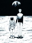  android astronaut child earth full_moon helmet holding_hands kurosuke_(nora) monochrome moon multiple_boys planet r_daneel_olivaw science_fiction space spacesuit the_caves_of_steel 