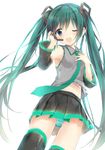  ;d blue_eyes detached_sleeves funiru green_hair hand_on_own_chest hatsune_miku headset long_hair navel necktie one_eye_closed open_mouth panties skirt smile solo striped striped_panties thighhighs twintails underwear very_long_hair vocaloid white_background 