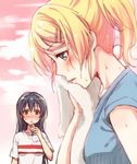  ayase_eli blonde_hair blue_eyes blue_hair blurry blush bottle brown_eyes depth_of_field hair_ornament hairclip long_hair love_live! love_live!_school_idol_project multiple_girls ponytail profile shirt sonoda_umi sweat t-shirt towel water_bottle yukiiti yuri 