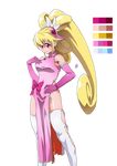 aida_mana alternate_costume armpits bare_shoulders blonde_hair blush bow chinese_clothes cure_heart curly_hair dokidoki!_precure elbow_gloves gan_balance gloves hair_ornament half_updo hand_on_hip heart heart_hair_ornament monk pink_bow ponytail precure red_eyes side_slit smile solo standing thighhighs transparent_background white_legwear 