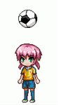  animated animated_gif ball green_eyes inazuma_eleven_(series) inazuma_eleven_go jumping kirino_ranmaru lightning_bolt lowres male_focus navel open_mouth pink_hair pixel_art raimon sgk simple_background soccer_ball soccer_uniform solo sportswear telstar twintails 