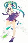  :3 animal_ears cat_ears cat_tail elbow_gloves fish gloves green_eyes green_hair hatsune_miku headphones high_heels highres long_hair mee_(doremee) mouth_hold shoes skirt solo tail twintails vocaloid 