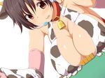  animal_ears animal_print bell bell_collar black_hair blush breasts brown_eyes brown_hair clearite cleavage collar cow_bell cow_ears cow_horns cow_print elbow_gloves gloves headset horns huge_breasts idolmaster idolmaster_cinderella_girls inconvenient_breasts mahjong mahjong_table mahjong_tile oikawa_shizuku open_mouth short_hair solo transparent_background 