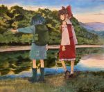  2girls backpack bag blue_hair blush boots bow brown_eyes brown_hair cloud commentary detached_sleeves forest gohei grass hair_bow hair_tubes hakurei_reimu hat hill kawashiro_nitori looking_at_another looking_to_the_side marker_(medium) multiple_girls nature open_mouth pointing reflection river scenery shiratama_(hockey) sidelocks sky touhou traditional_media two_side_up water 
