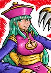  blush borockman breasts chinese_clothes claws cleavage cleavage_cutout cosplay green_eyes green_hair hat large_breasts lei_lei lei_lei_(cosplay) long_hair morrigan_aensland sash smile solo vampire_(game) 