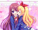  aikatsu! aikatsu!_(series) blonde_hair blush brown_hair cheek_kiss closed_eyes hairband heart hoshimiya_ichigo kiss multiple_girls one_eye_closed open_mouth purple_eyes school_uniform shibuki_ran shirato_sayuri smile sparkle starlight_academy_uniform yuri 