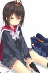  bad_id bad_pixiv_id bag brown_eyes brown_hair cape crown eyewear_removed glasses gun handgun long_sleeves looking_at_viewer luger_p08 marotti mini_crown original school_bag school_uniform shirt sitting skirt solo weapon 