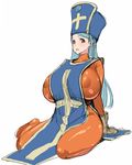  :d arms_behind_back bangs blue_hair blush bodysuit breasts covered_nipples cross curvy dragon_quest dragon_quest_iii fantasy from_side gloves hat huge_breasts long_hair looking_at_viewer mitre open_mouth orange_bodysuit poin priest_(dq3) puffy_nipples red_eyes simple_background sitting sketch smile solo swept_bangs tabard white_background 