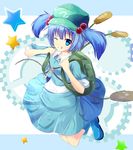  ;q backpack bad_id bad_pixiv_id bag blue_eyes blue_hair boots cattail gears hair_bobbles hair_ornament hat jumping kawashiro_nitori key one_eye_closed plant rubber_boots shiokazunoko short_hair short_sleeves skirt skirt_set solo star tongue tongue_out touhou two_side_up 