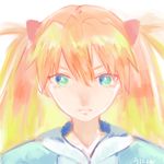  &gt;:( bad_id bad_pixiv_id blonde_hair blue_eyes close-up closed_mouth expressionless face frown gradient_hair hair_between_eyes hairpods long_hair looking_at_viewer multicolored_hair neon_genesis_evangelion orange_hair shiny shiny_hair signature simple_background souryuu_asuka_langley twintails upper_body v-shaped_eyebrows yellow_background 