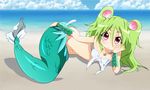 beach clam cloud day green_hair groin hair_ornament long_hair mermaid monster_girl muromi-san namiuchigiwa_no_muromi-san navel outdoors red_eyes shell sky smile solo spiceg twintails two_side_up 