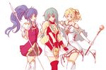  :d aqua_hair blonde_hair blue_hair boots cape dress eirika fire_emblem fire_emblem:_seima_no_kouseki hand_on_shoulder l'arachel multiple_girls niwaneko_moru open_mouth pauldrons polearm ponytail rapier skirt smile spear sword tana thigh_boots thighhighs wand weapon zettai_ryouiki 