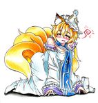  all_fours animal_ears between_breasts blonde_hair bottle breasts clothes_between_breasts dress drunk fox_ears fox_tail gokuu_(acoloredpencil) hat highres large_breasts long_sleeves multiple_tails open_mouth sake_bottle shadow shirt_slip short_hair simple_background solo tabard tail touhou traditional_media white_background wide_sleeves yakumo_ran yellow_eyes 