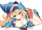  bare_legs blonde_hair blue_footwear blush boots breast_press breasts card choker cleavage dark_magician_girl downblouse duel_monster gintarou_(kurousagi108) green_eyes hat large_breasts long_hair looking_at_viewer lying simple_background skirt smile solo white_background witch_hat yuu-gi-ou 