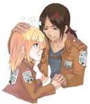  :t anger_vein annoyed christa_renz emblem freckles hand_on_another's_head highres jacket kumo_ryuun multiple_girls paradis_military_uniform ponytail pout shingeki_no_kyojin training_corps_(emblem) uniform white_background ymir_(shingeki_no_kyojin) 