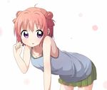  ahoge akaza_akari bangs bare_arms bare_shoulders bent_over blush breasts casual collarbone double_bun eyebrows_visible_through_hair green_skirt hair_intakes hand_up leaning_forward looking_away looking_to_the_side pleated_skirt purple_eyes red_hair short_hair skirt sleeveless small_breasts solo tank_top tata_(tataice) yuru_yuri 